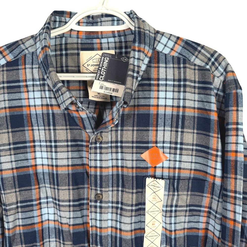 St. John's Bay Super Soft Flannel Shirt Mens XL Blue Plaid L/S Button Down NEW